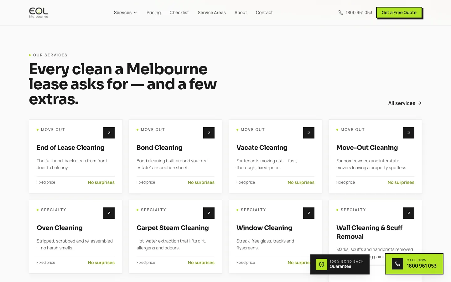 EOL Melbourne home page section with the cleaning services as cards