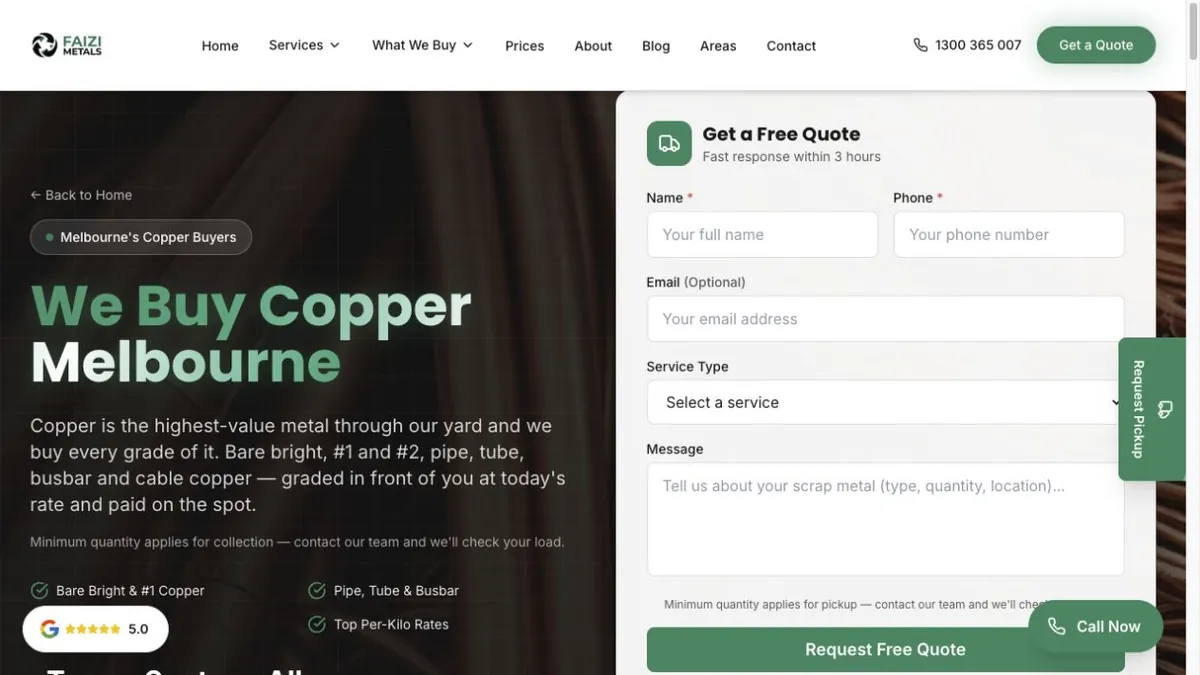 FAIZI Metals copper-buying page beside a quote form