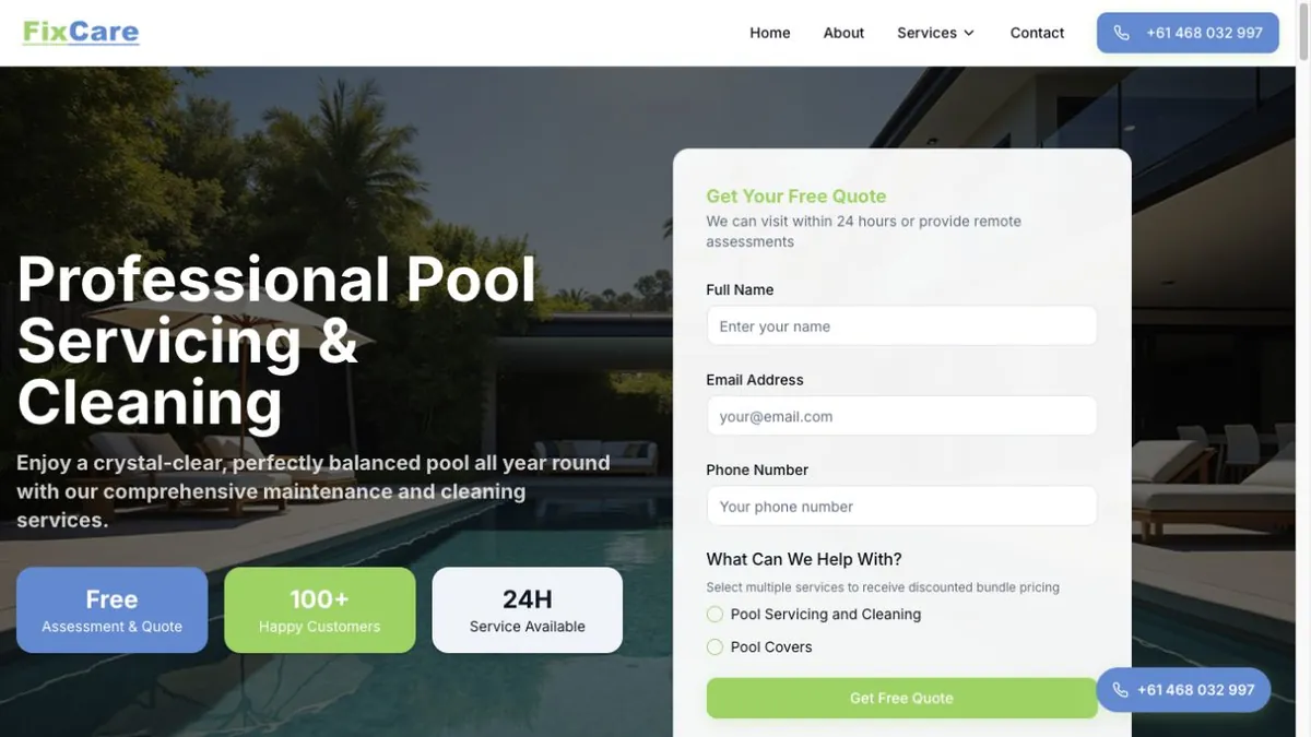 FixCare pool-servicing page beside its quote form