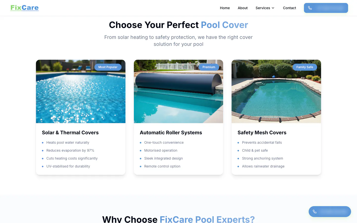 FixCare pool covers page comparing solar, automatic roller and safety mesh covers