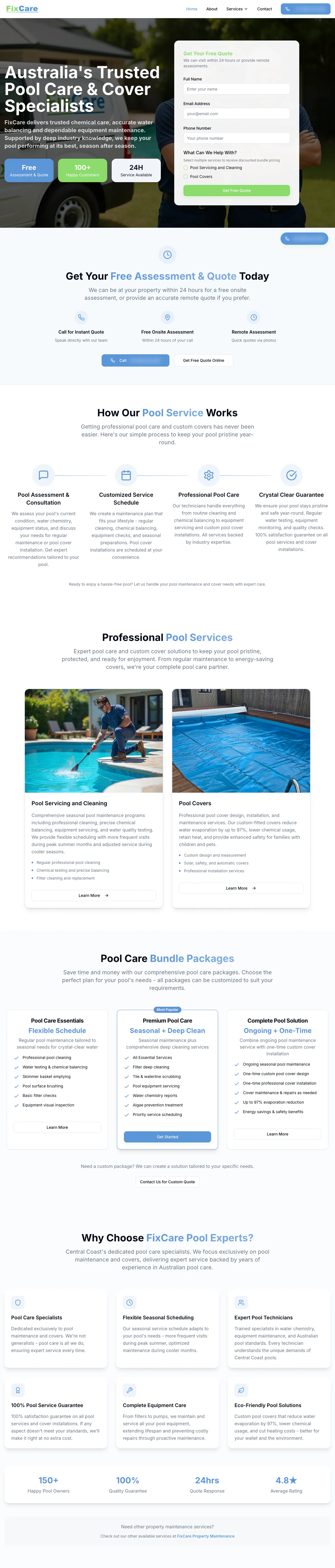 The FixCare pool care home page from the hero to the reasons to choose the team