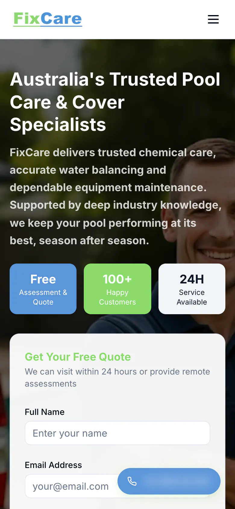 FixCare pool care home page on a phone with the promises above the quote card