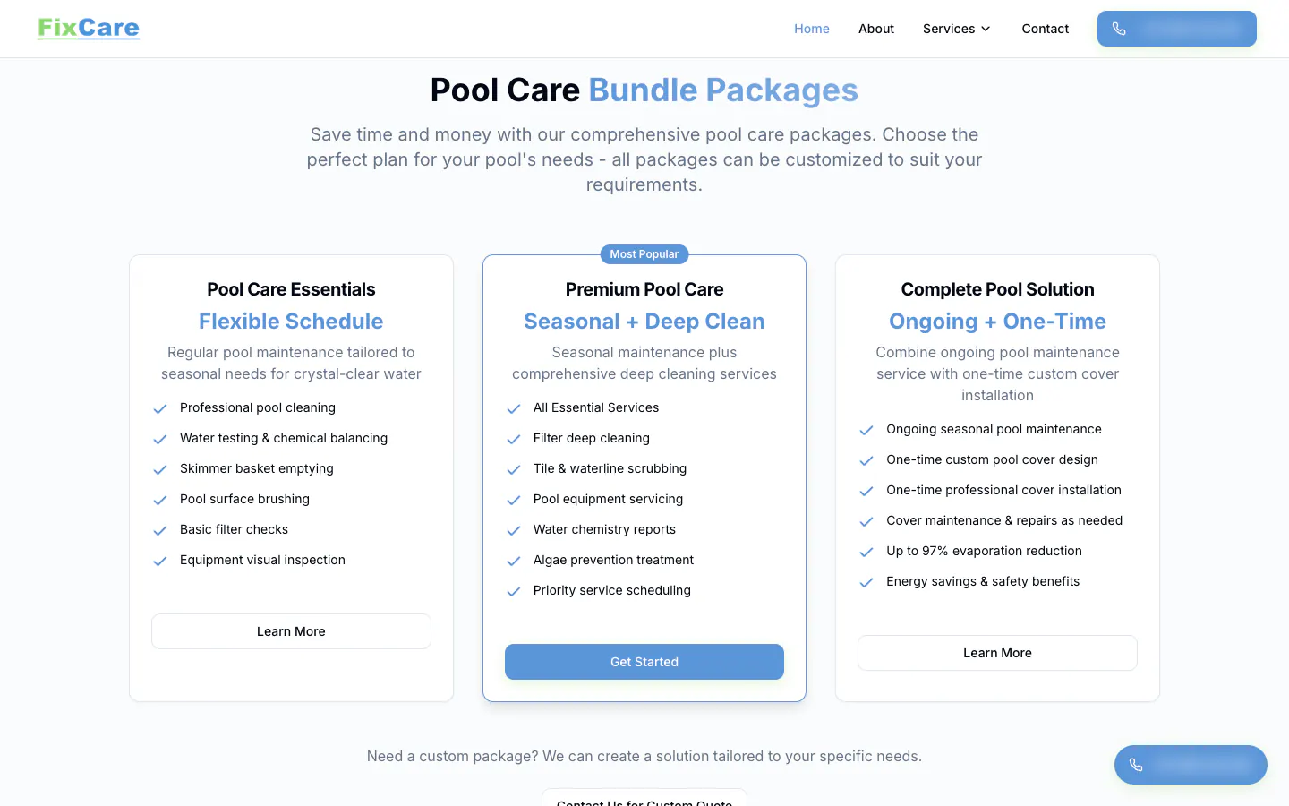 FixCare pool care bundle packages with three options side by side