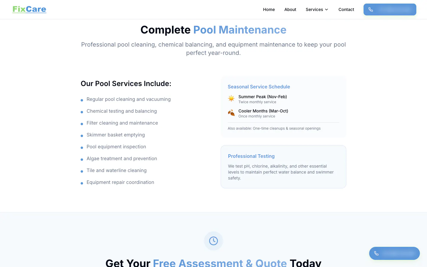 FixCare pool servicing page listing what a service includes beside the seasonal schedule
