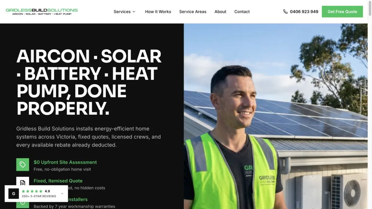 Gridless Build Solutions introduction beside installer and home-energy imagery