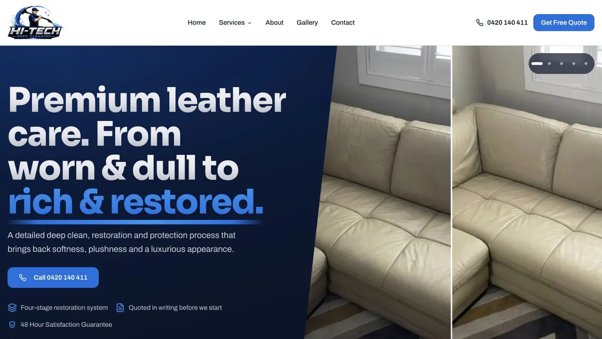 Hi-Tech leather restoration service page with split sofa imagery and a phone action