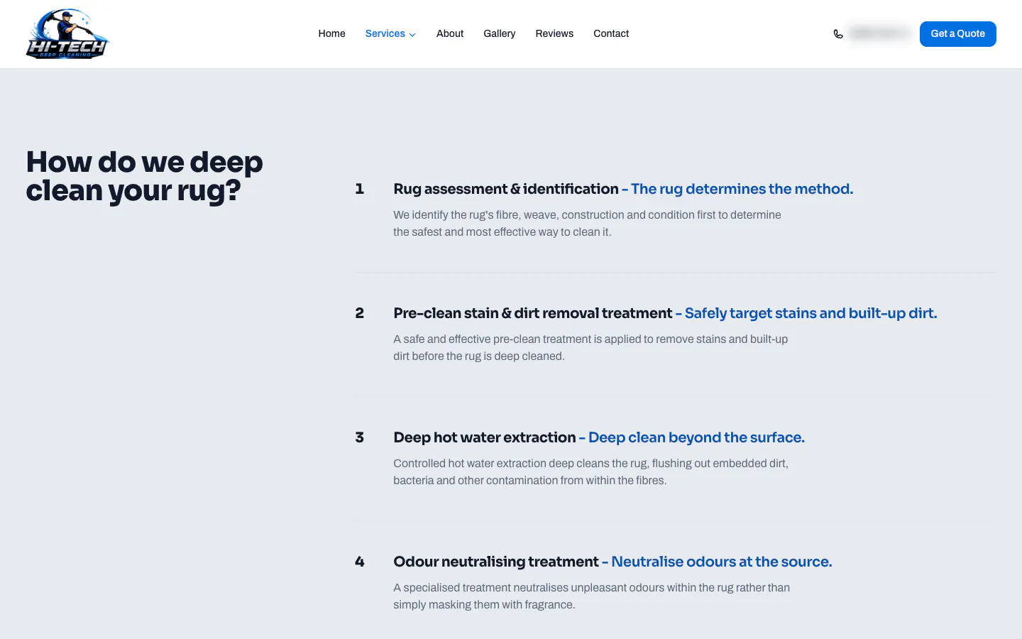 Hi-Tech Deep Cleaning rug cleaning method set out as numbered steps