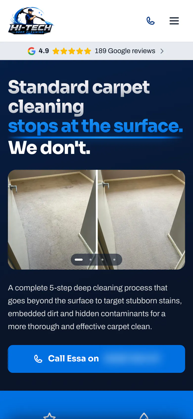 Hi-Tech Deep Cleaning carpet cleaning page on a phone with the rating strip, a before-and-after photo and the call button