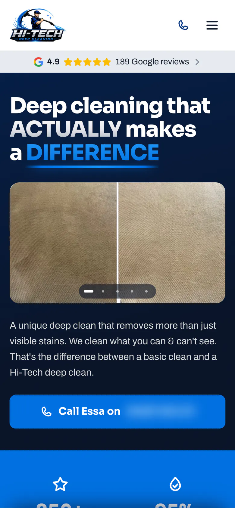 Hi-Tech Deep Cleaning home page on a phone with the rating strip and a before-and-after photo