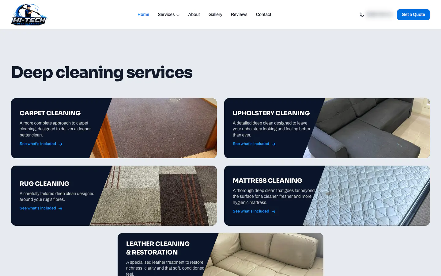 Hi-Tech Deep Cleaning services section with cards for carpet, upholstery, rug, mattress and leather cleaning