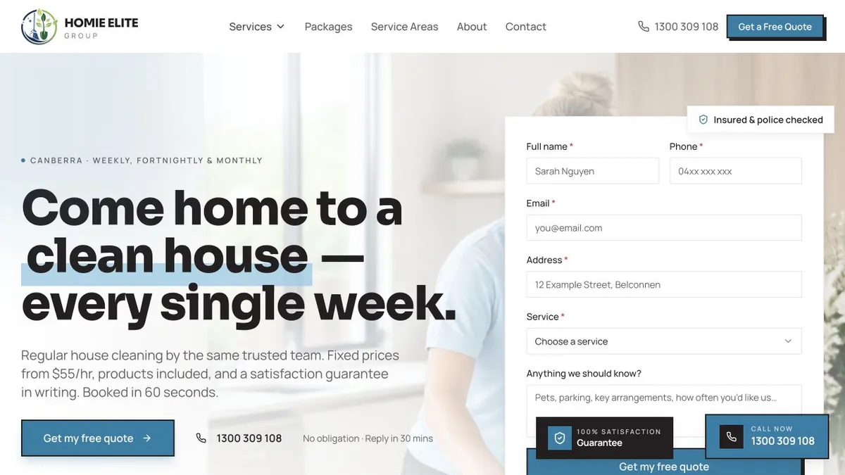 Homie Elite Cleaning regular house-cleaning introduction beside a property quote form