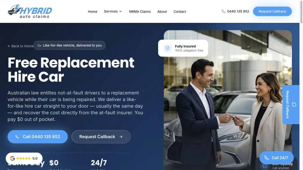 Hybrid Claims replacement-hire-car page with handover imagery