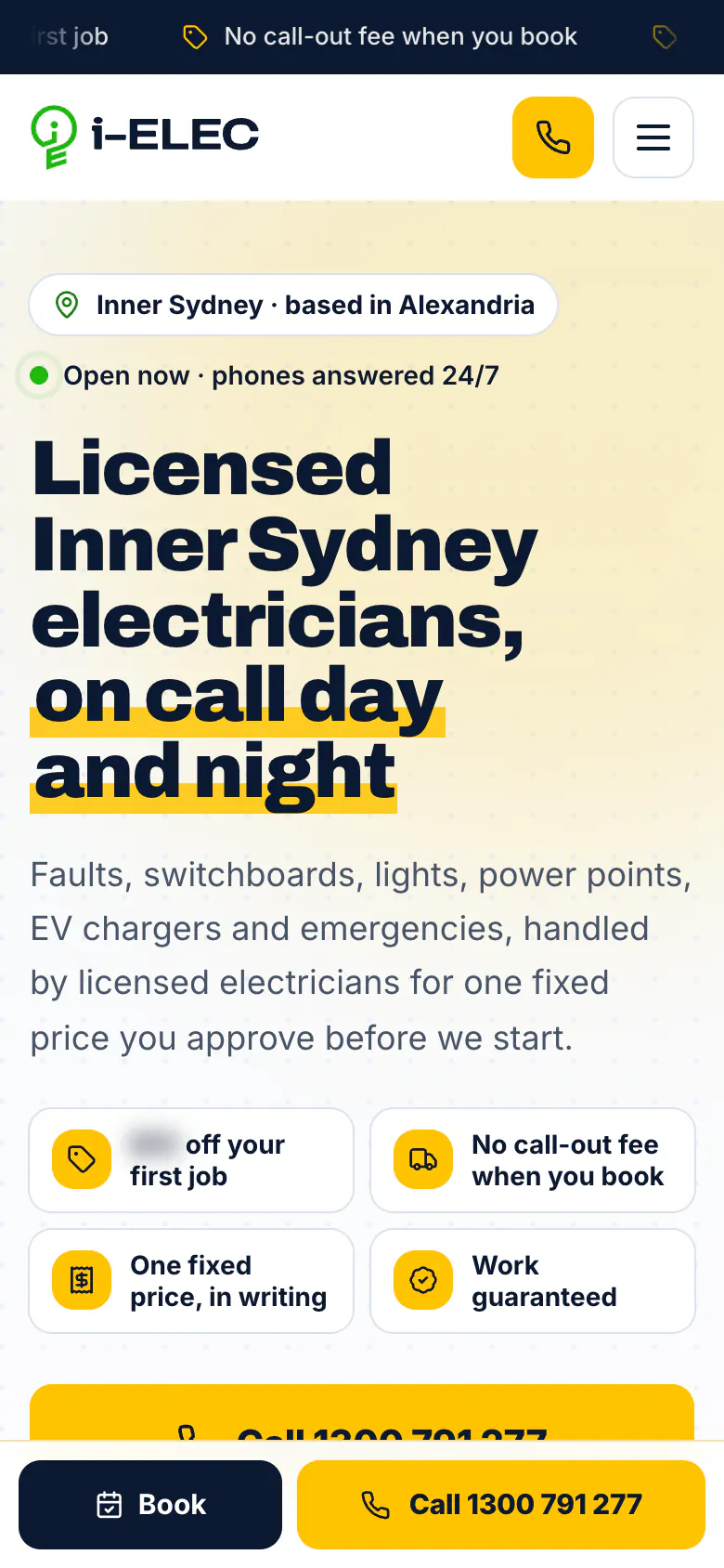 I-ELEC home page on a phone with Book and Call fixed to the bottom of the screen
