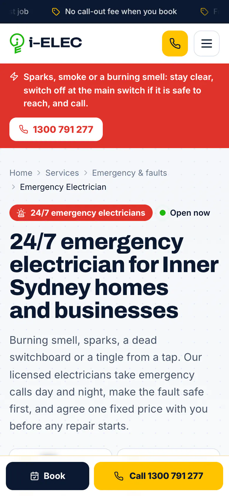 I-ELEC emergency electrician page on a phone with a red safety strip above the headline