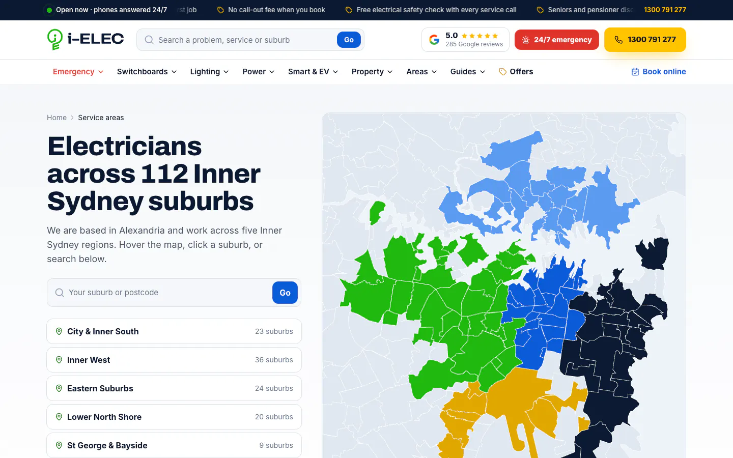 I-ELEC service areas page with a colour-coded map of five Inner Sydney regions