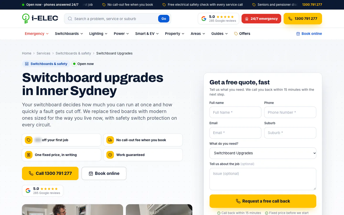 I-ELEC switchboard upgrades page with Switchboard Upgrades already selected in the quote form