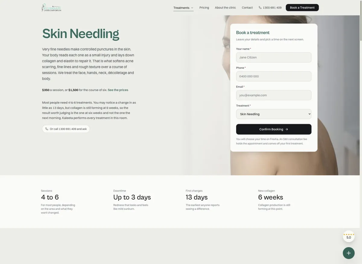 Illuminate skin-needling page with treatment details and consultation panel