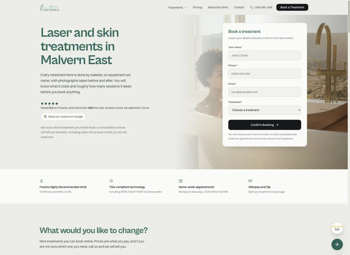 Illuminate Laser Emporium clinic introduction with consultation booking panel