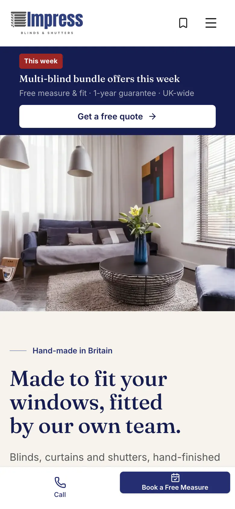 Impress Blinds home page on a phone