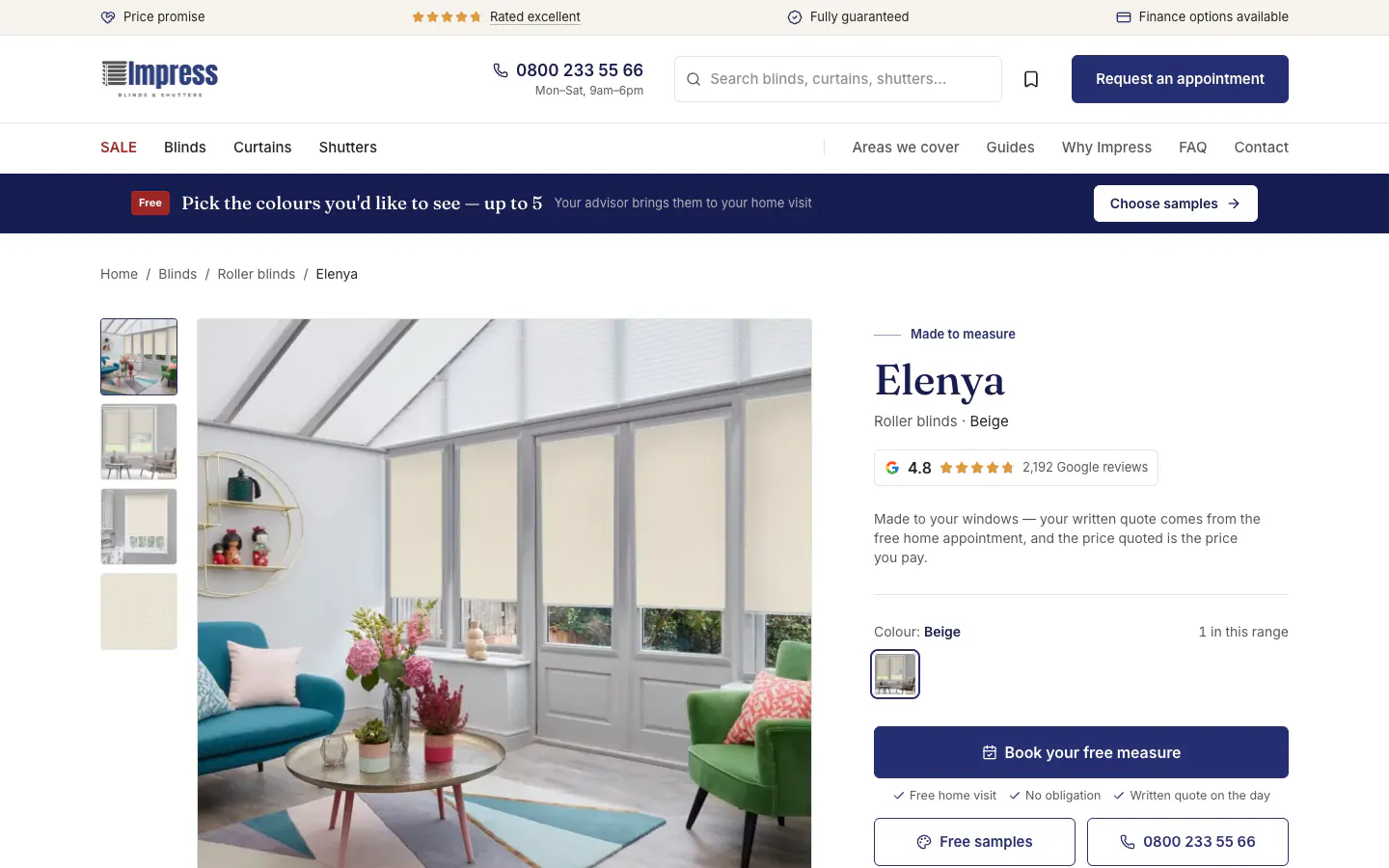 An Impress Blinds range page, annotated