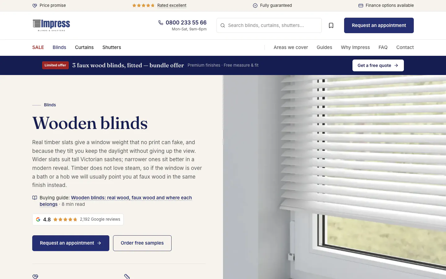 Impress Blinds wooden blinds page with a product explanation and appointment and sample buttons
