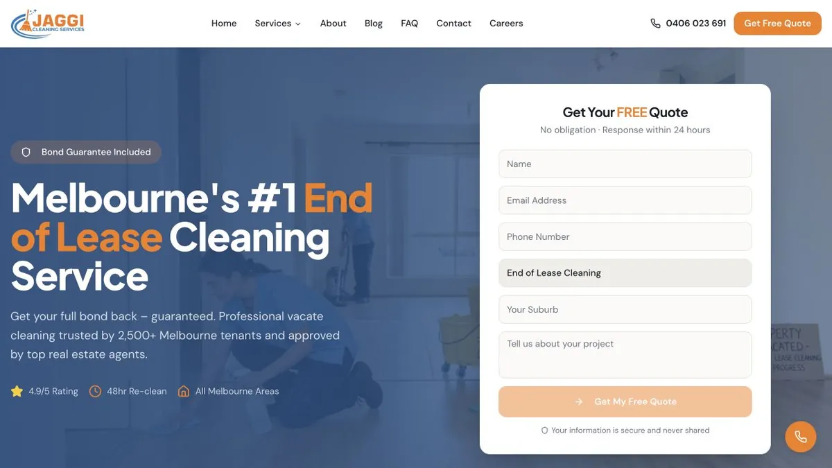 Jaggi end-of-lease cleaning page with the relevant service named in the quote form