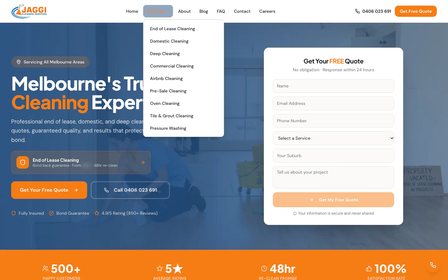 Jaggi Cleaning Services menu listing nine cleaning services