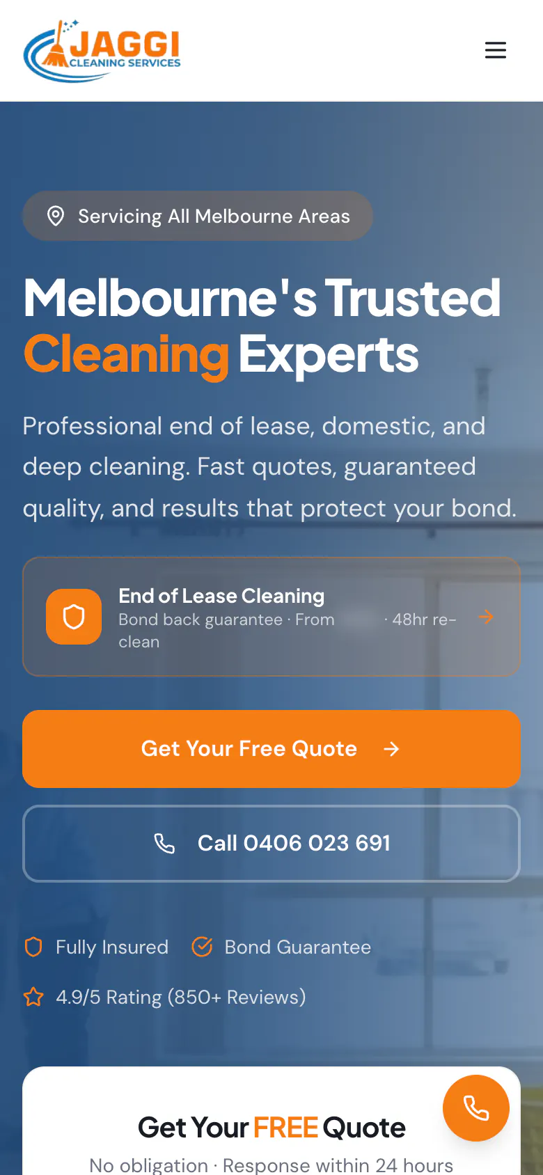 Jaggi Cleaning Services home page on a phone with quote and call buttons