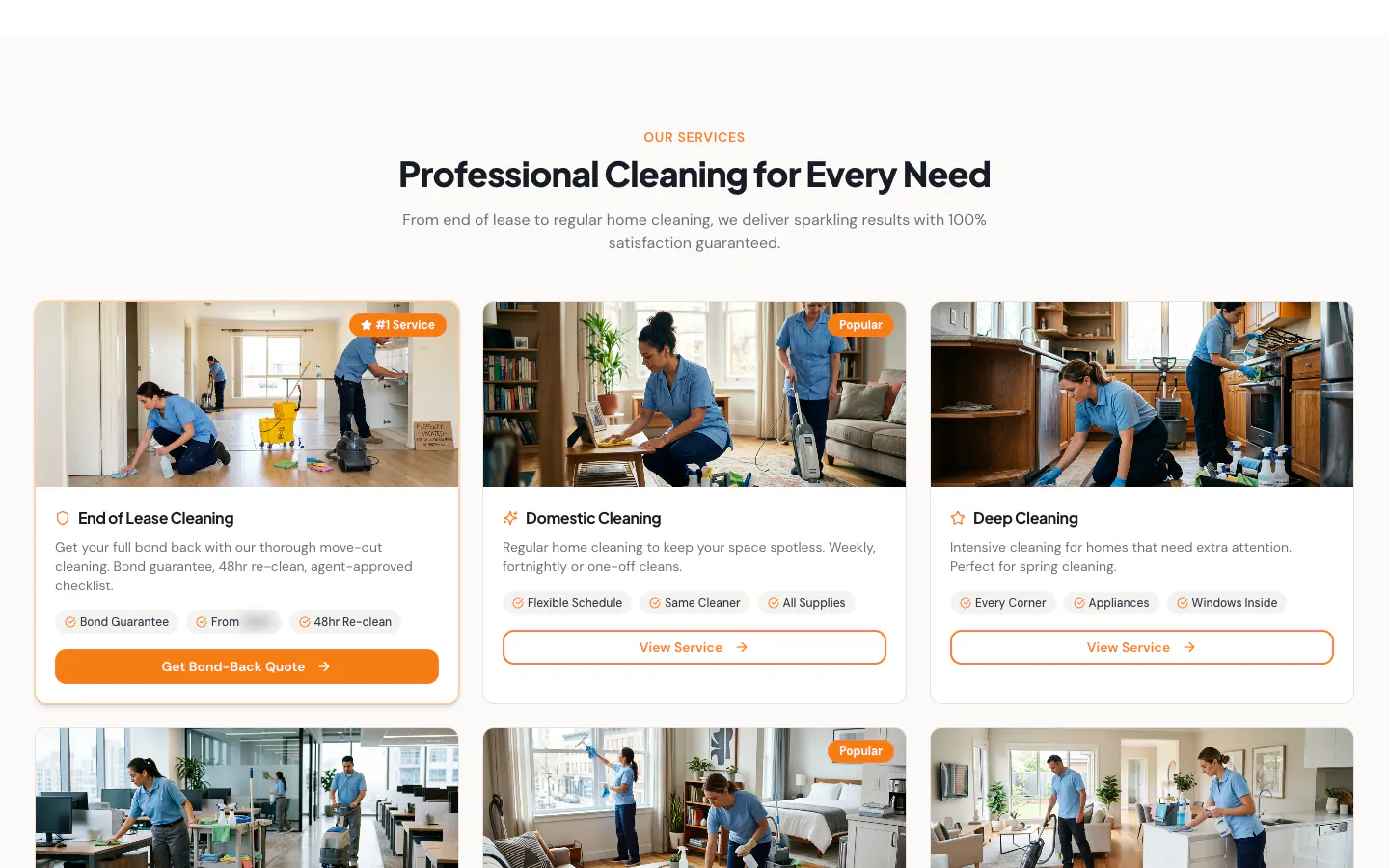 Service cards on the Jaggi home page with photos, feature tags and buttons