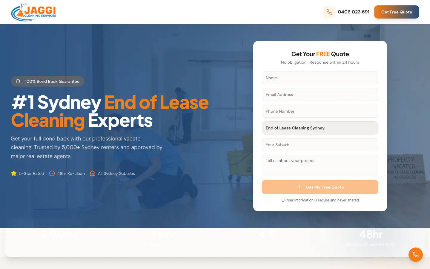 Sydney end-of-lease cleaning page with a lighter header and a quote form