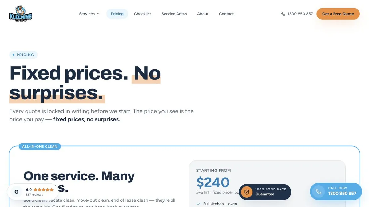 Kleening Crew Brisbane pricing page with a bordered cleaning package panel
