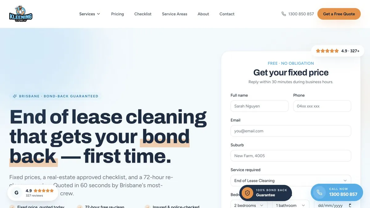 Kleening Crew Brisbane service introduction beside the quote form