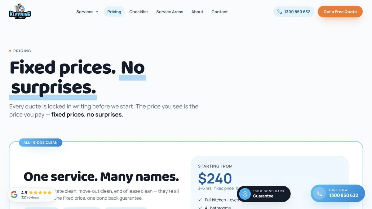 Kleening Crew Sydney pricing page with a package card and visible contact actions