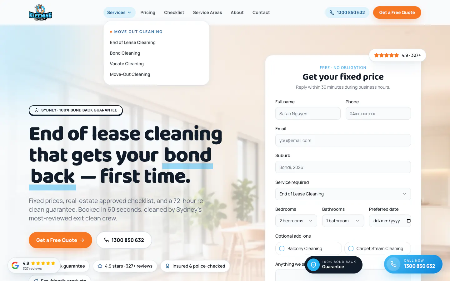 Kleening Crew Sydney Services menu listing four move-out cleaning services