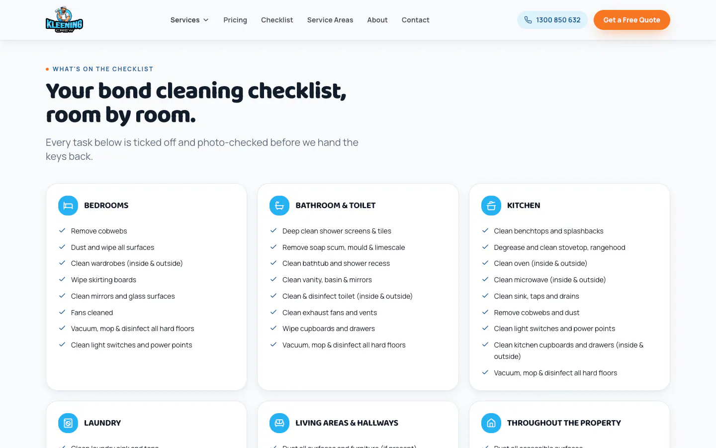 Bond cleaning checklist set out room by room on the service page