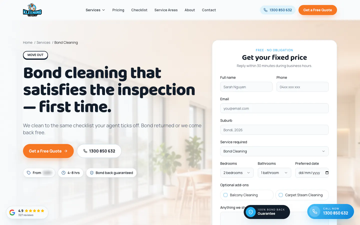 Bond cleaning page with Bond Cleaning already chosen in the fixed-price quote form