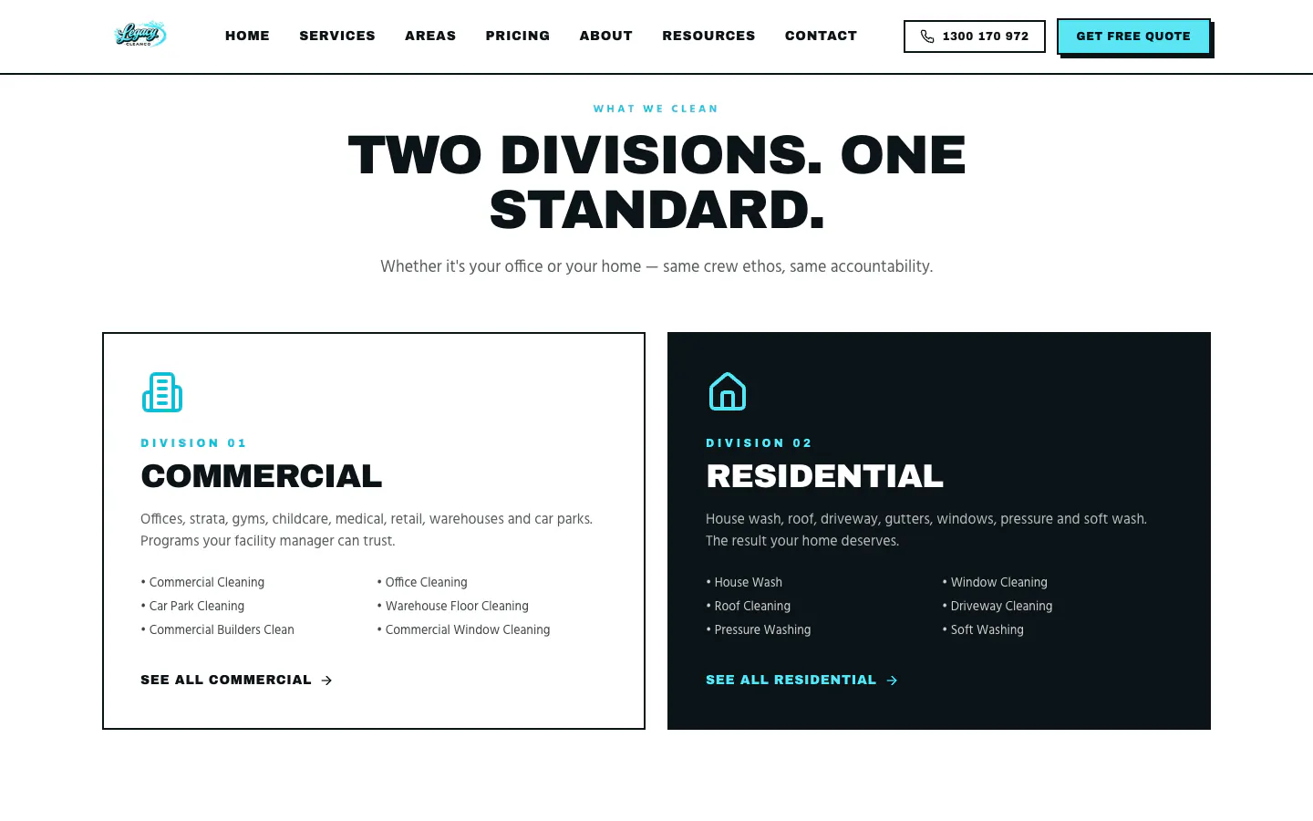 Two divisions, one standard: commercial and residential service lists on the Legacy home page