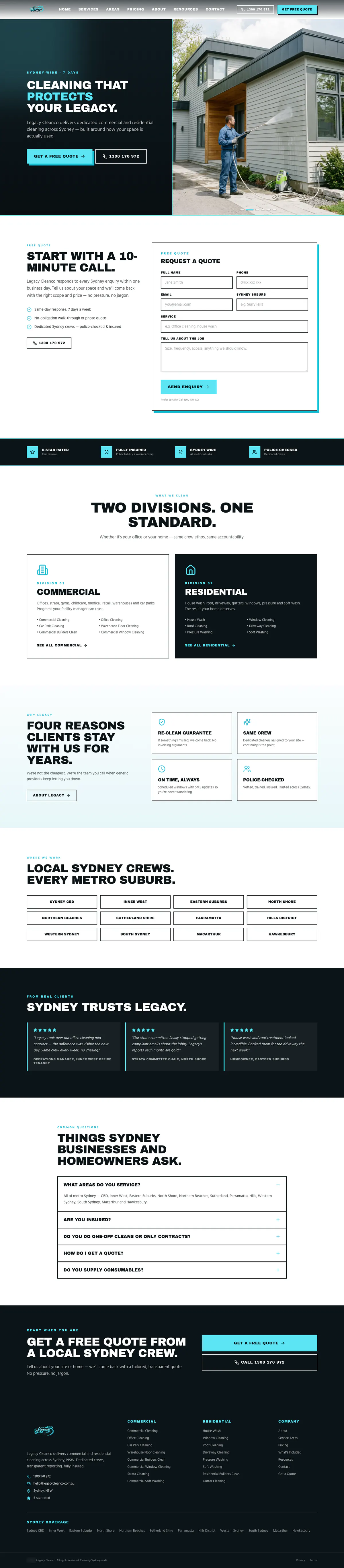 The Legacy Cleanco home page from the headline through the quote form, divisions, reasons and regions