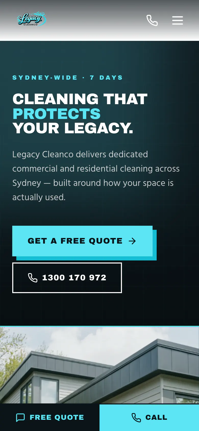 Legacy Cleanco home page on a phone with Free quote and Call fixed to the bottom