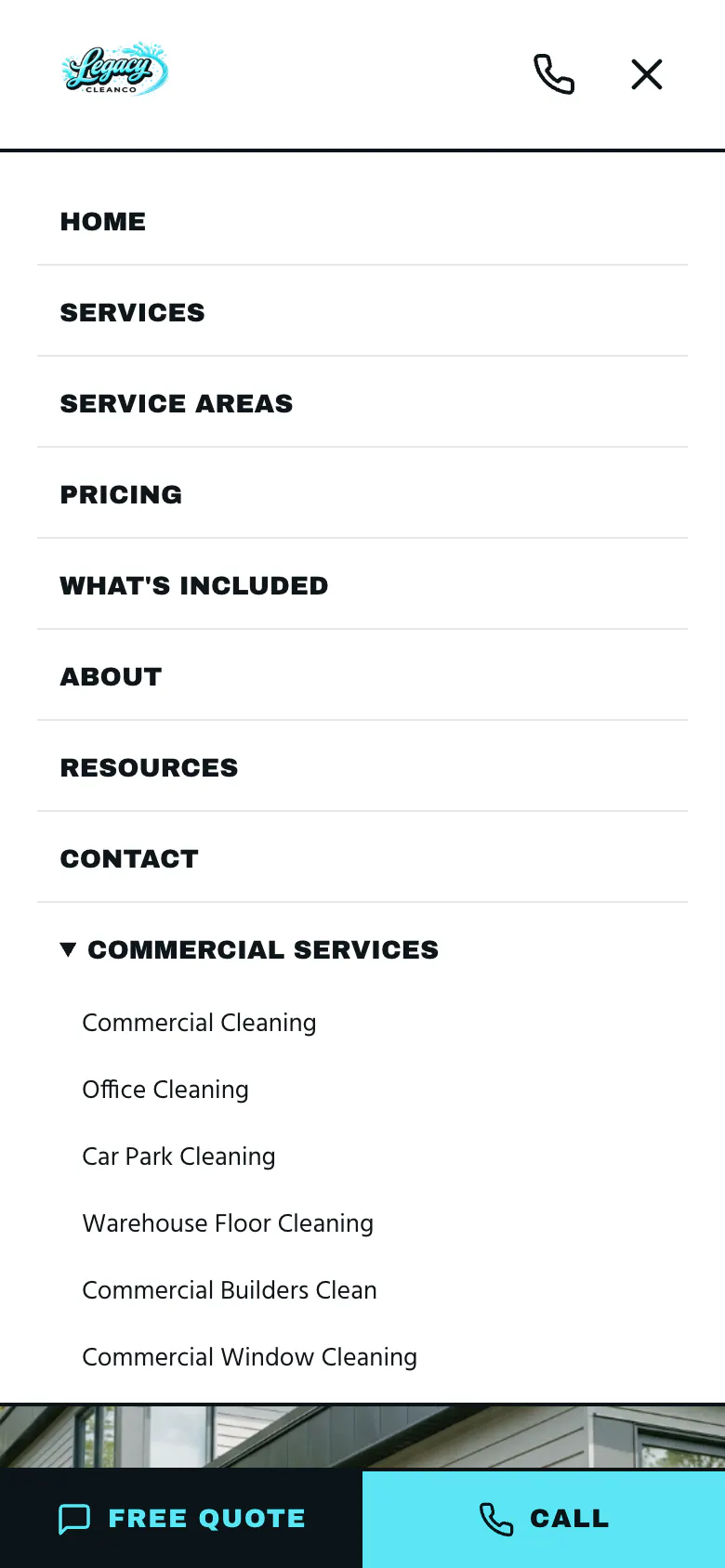 Legacy Cleanco phone menu with the commercial services list opened
