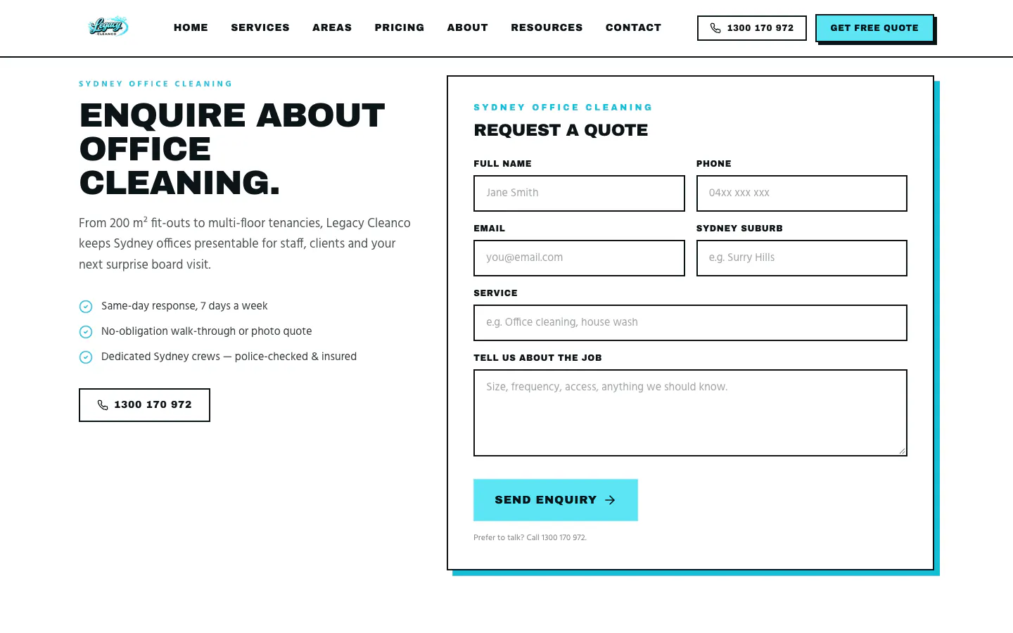 Quote form headed Enquire about office cleaning, with suburb, service and job fields