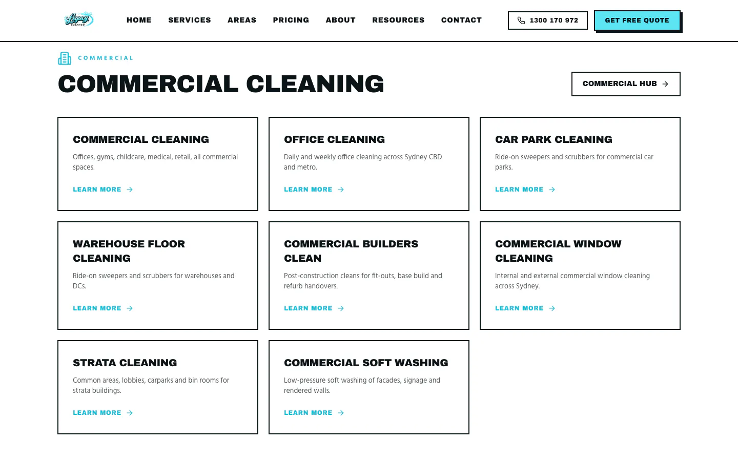 Legacy Cleanco services page with eight commercial service cards