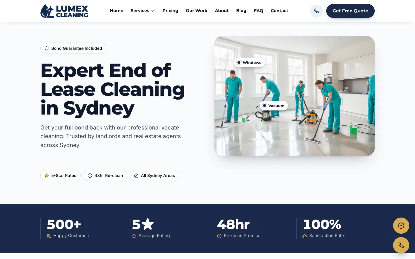 Lumex end of lease cleaning page with a bond guarantee badge and a photo of a cleaning team