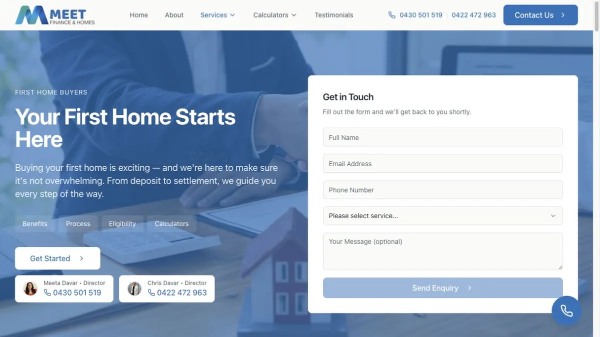 Meet Finance and Homes first-home-buyer page with enquiry form