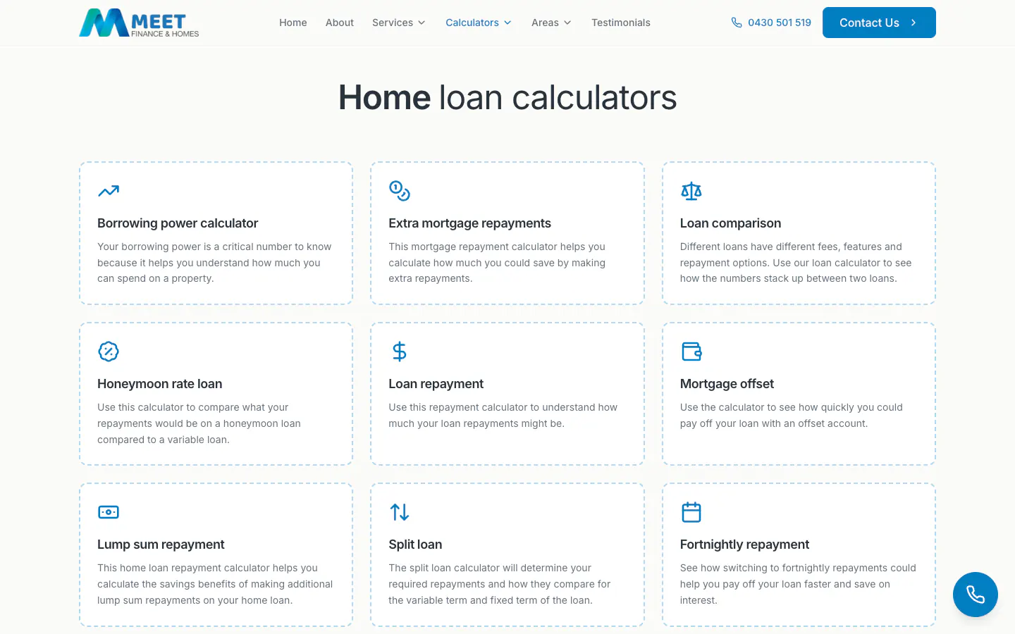 Meet Finance and Homes calculators page with home loan calculators in a grid