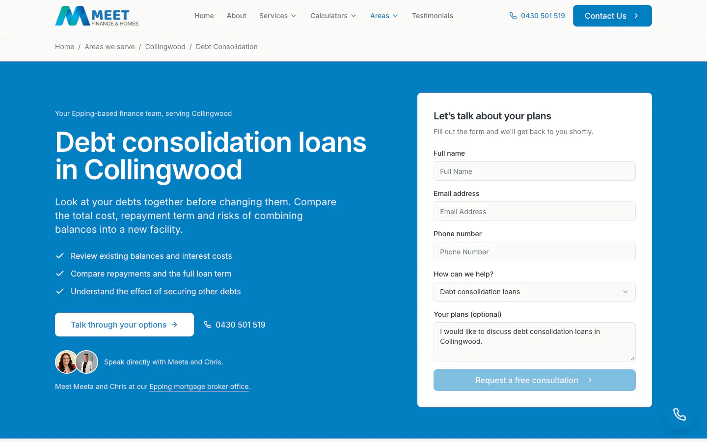 Meet Finance and Homes page for debt consolidation loans in Collingwood with the form set to that loan