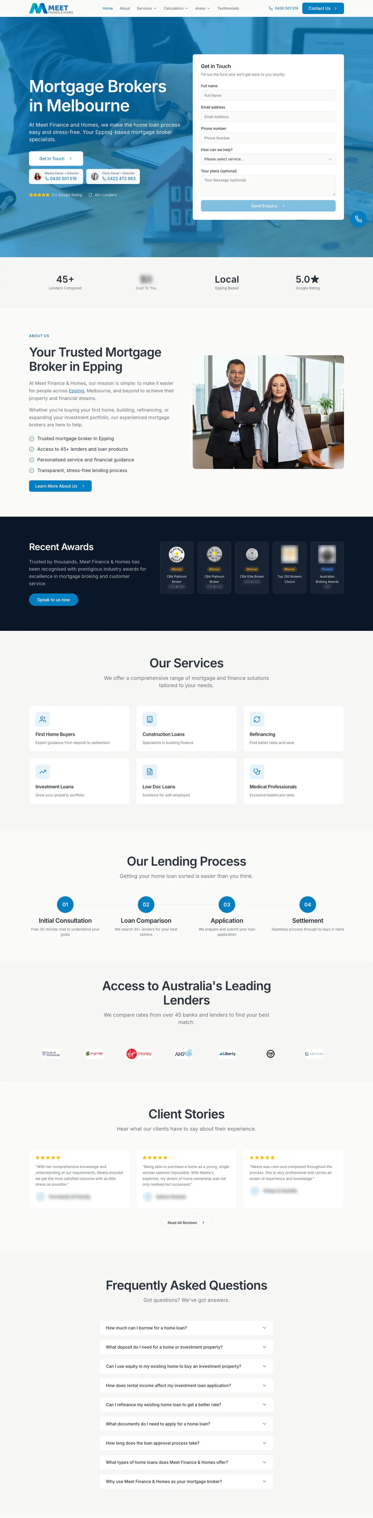 The Meet Finance and Homes home page from the first screen to the frequently asked questions