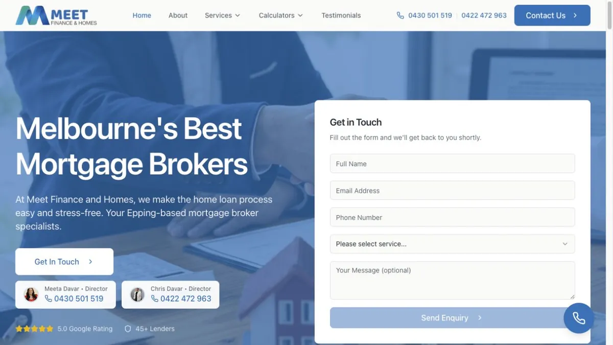 Meet Finance and Homes introduction with director contacts and enquiry form