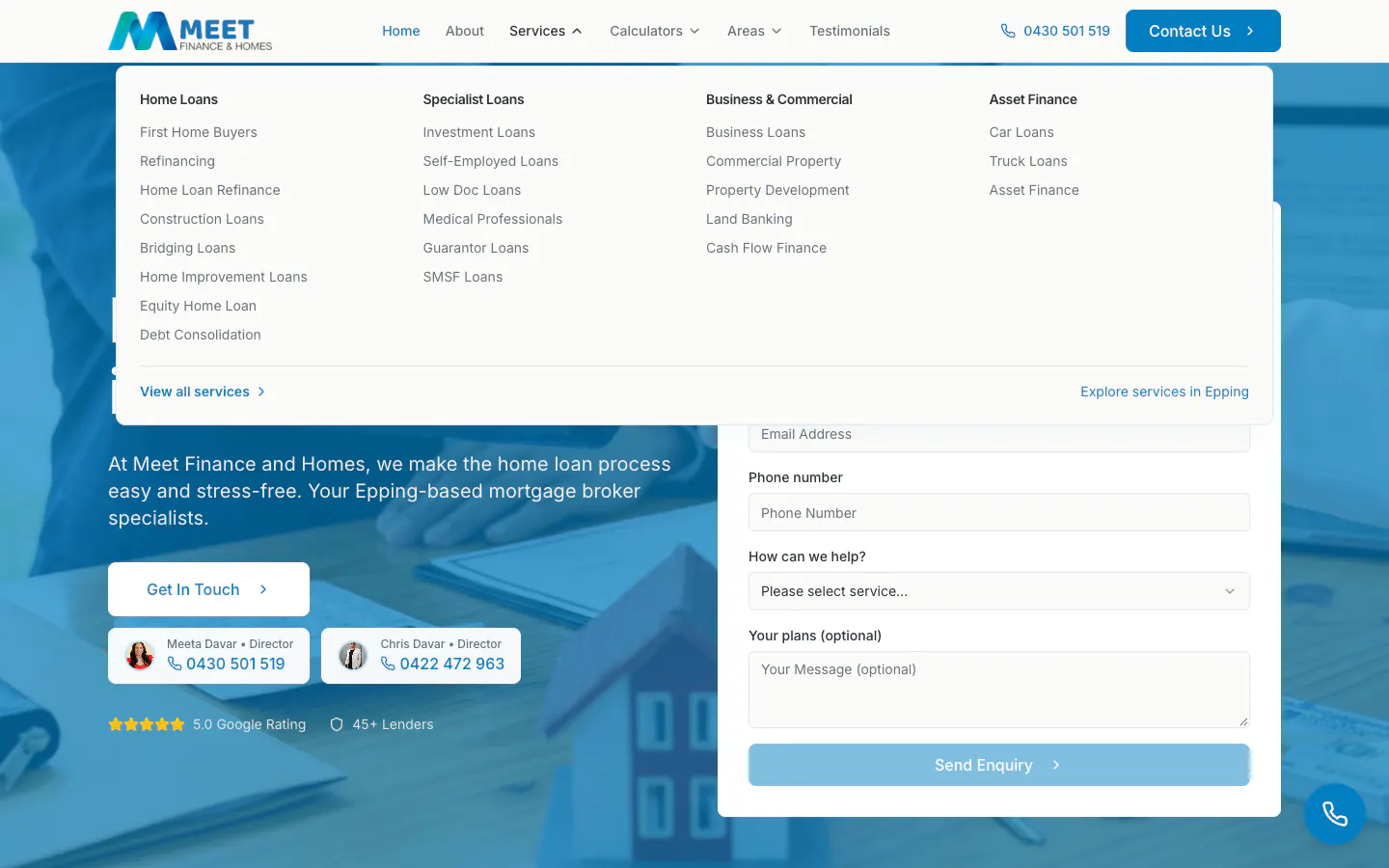 Meet Finance and Homes Services menu with 22 loan types in four groups