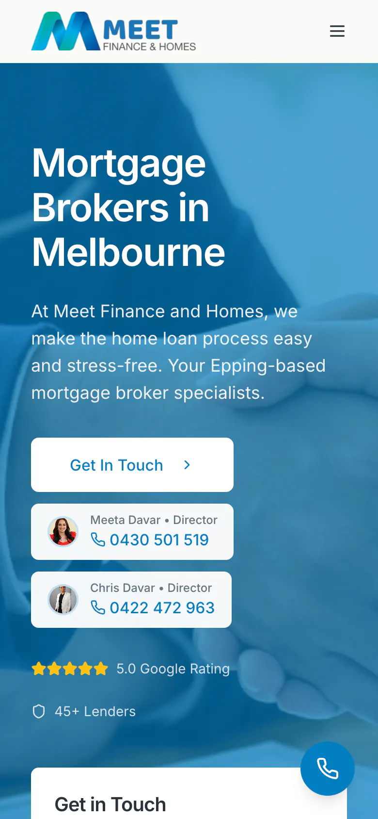 Meet Finance and Homes home page on a phone with both directors' contact cards